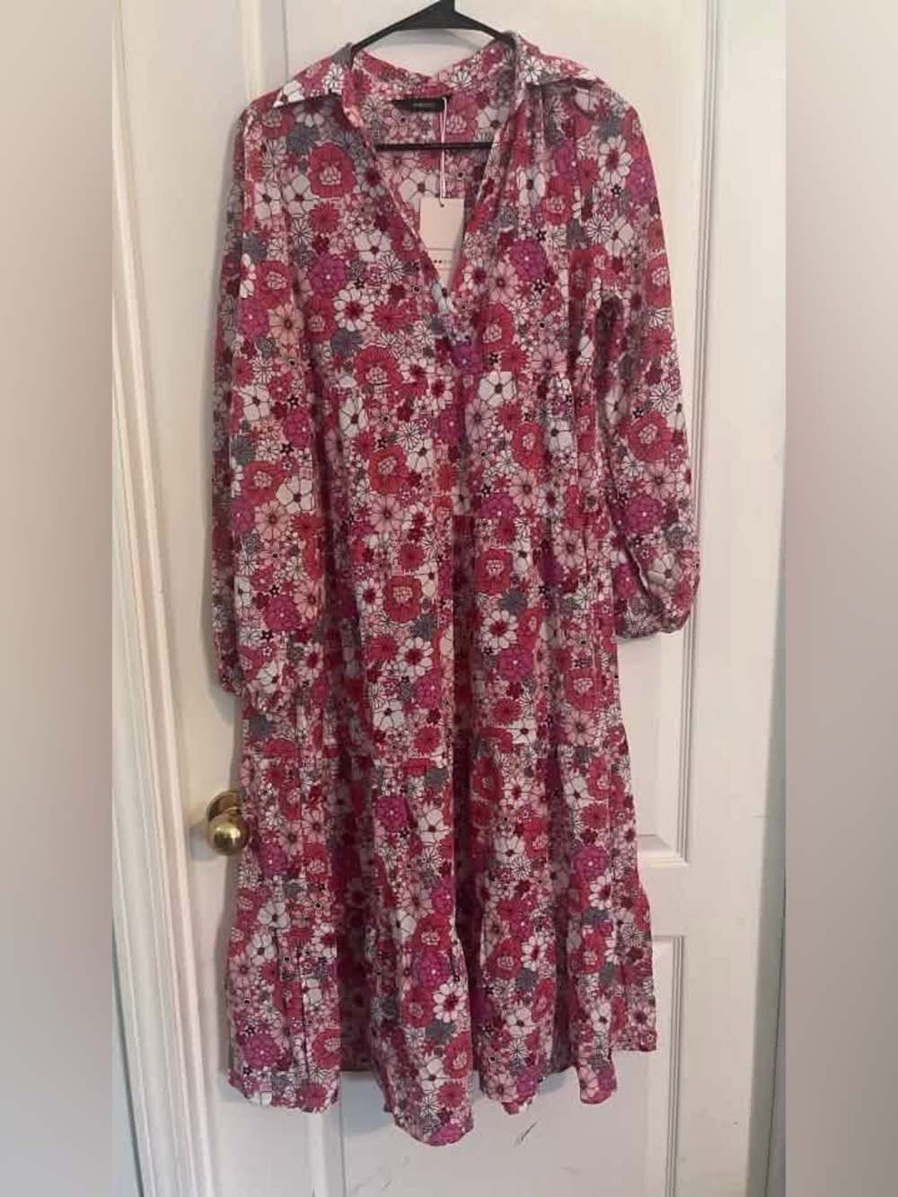 Floral V-Neck Long Sleeve Maxi Dress - Pink